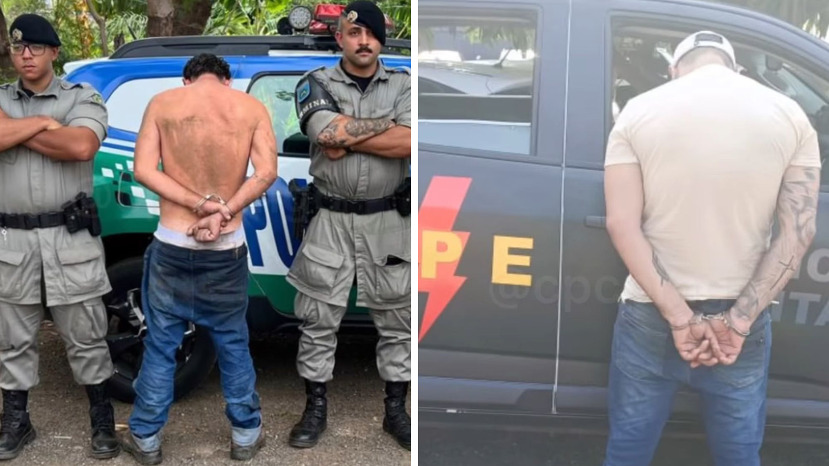 Imagem colorida e dividida mostra dois homens virados de costas e algemmados. O da direita está sem camisa, com uma calça jeans e no meio de dois policiais. O segundo, do lado direito, está com uma camiseta clara, calça jeans e boné.