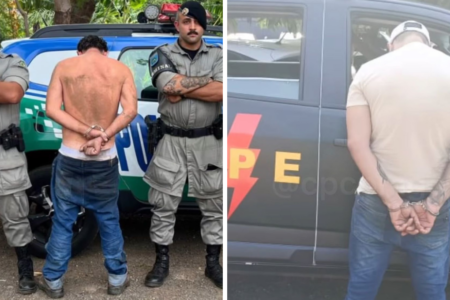 Imagem colorida e dividida mostra dois homens virados de costas e algemmados. O da direita está sem camisa, com uma calça jeans e no meio de dois policiais. O segundo, do lado direito, está com uma camiseta clara, calça jeans e boné.