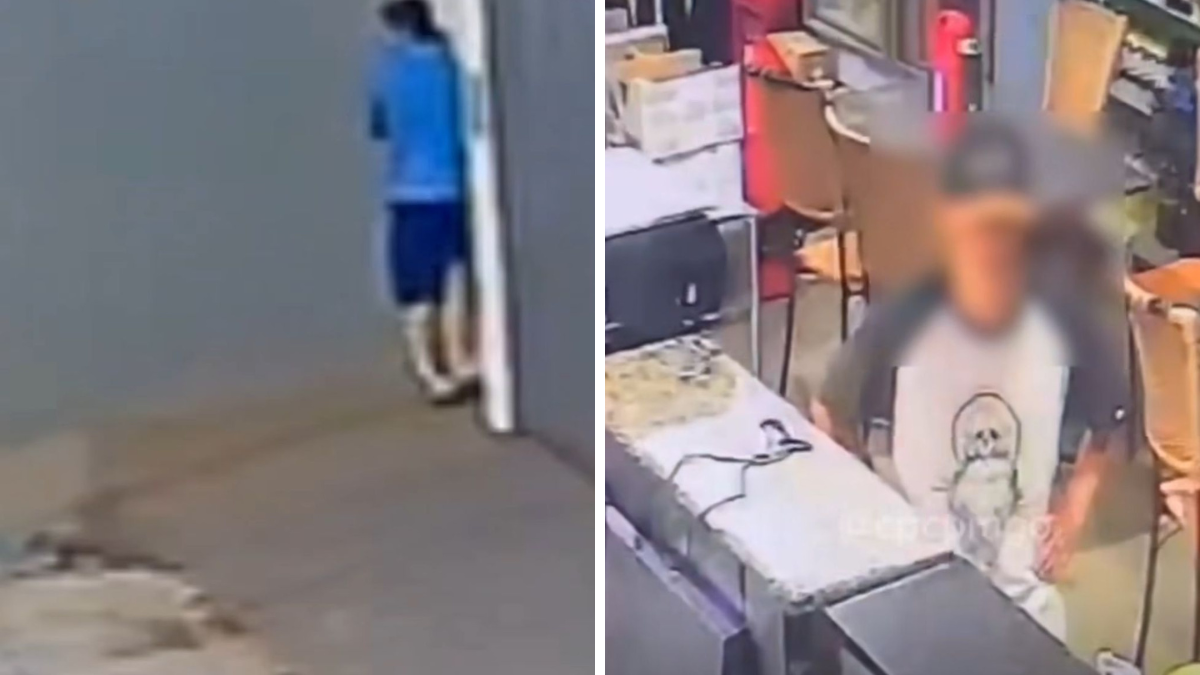 Imagem dividida mostra um homem usando uma camiseta azul e pulando o muro de uma casa do lado esquerdo. Do lado direito, o mesmo rapaz em um estabelecimento comercial.