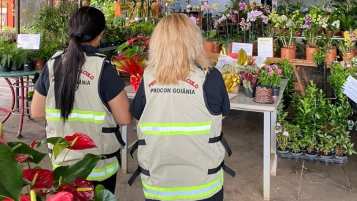 Imagem colorida mostra duas fiscais do Procon em uma loja de flores.