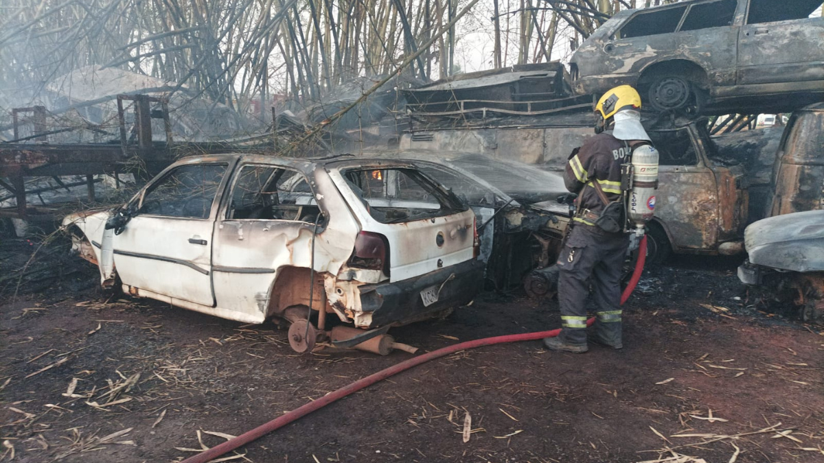 Imagem colorida mostra diversos carros queimados após um incêndio em um pátio.