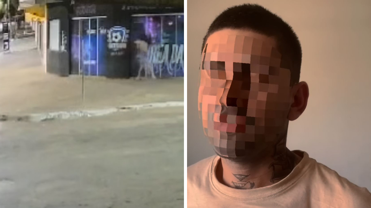 Imagem colorida e dividida mostra, do lado esquerdo, um homem quebrando o vidro de uma loja e do lado direito, o rosto, borrado, de um outro rapaz, suspeito de um assassinato.
