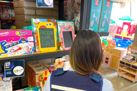 Imagem mostra uma pessoa de costas com uma prancheta na mão e olhando para uma prateleira cheia de brinquedos