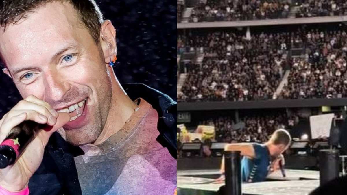 Chris Martin cai de palco durante show do Coldplay na Austrália