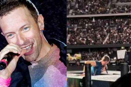 Chris Martin cai de palco durante show do Coldplay na Austrália