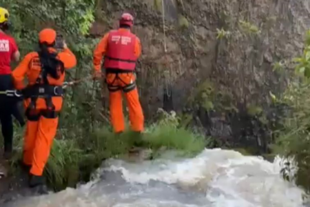 O boi estava em uma cachoeira de difícil acesso e precisou ser resgatado por militares (Foto: Divulgação/ CMBMG)