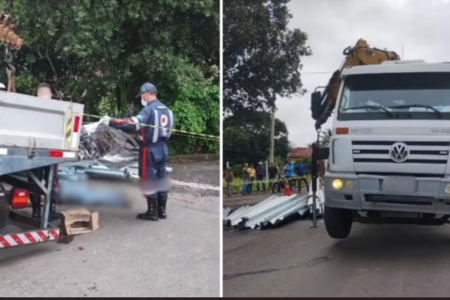 Jovem morre após cair de caminhão e ser soterrado por chapas de ferro (Foto: Reprodução/Polícia Militar)