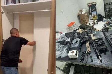 Polícia encontra bunker escondido atrás de guarda-roupa com 152 armas; vídeo local armazenava uniformes, colete à prova de balas e espadas