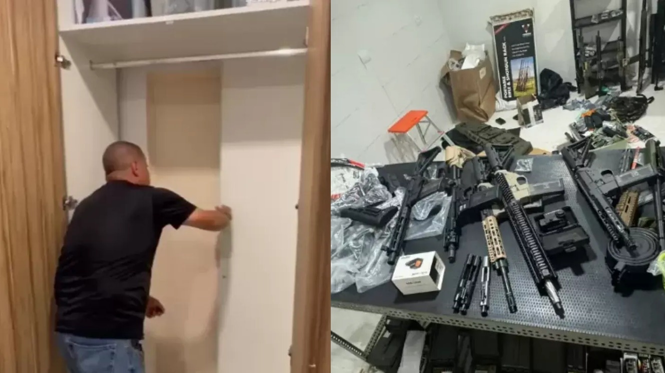 Polícia encontra bunker escondido atrás de guarda-roupa com 152 armas; vídeo local armazenava uniformes, colete à prova de balas e espadas