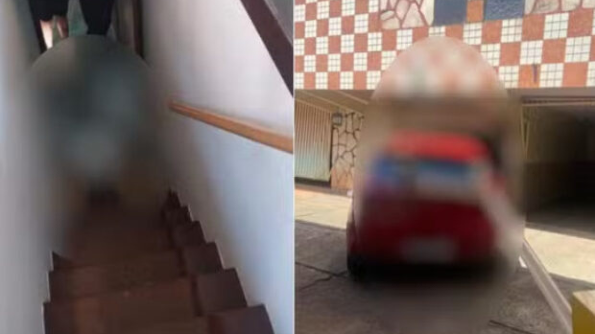 Imagem dividida mostra de um lado o corpo de um homem caído em uma escada e do outro um carro vermelho parado em um estacionamento.