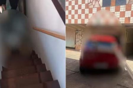 Imagem dividida mostra de um lado o corpo de um homem caído em uma escada e do outro um carro vermelho parado em um estacionamento.