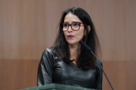 Fabiana Zamalloa durante sessão que julgou o pedido de intervenção estadual na Prefeitura de Goiânia (Foto: Reprodução/TJGO)