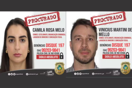 Vinicius e a esposa, Camila Melo, seguem foragidos