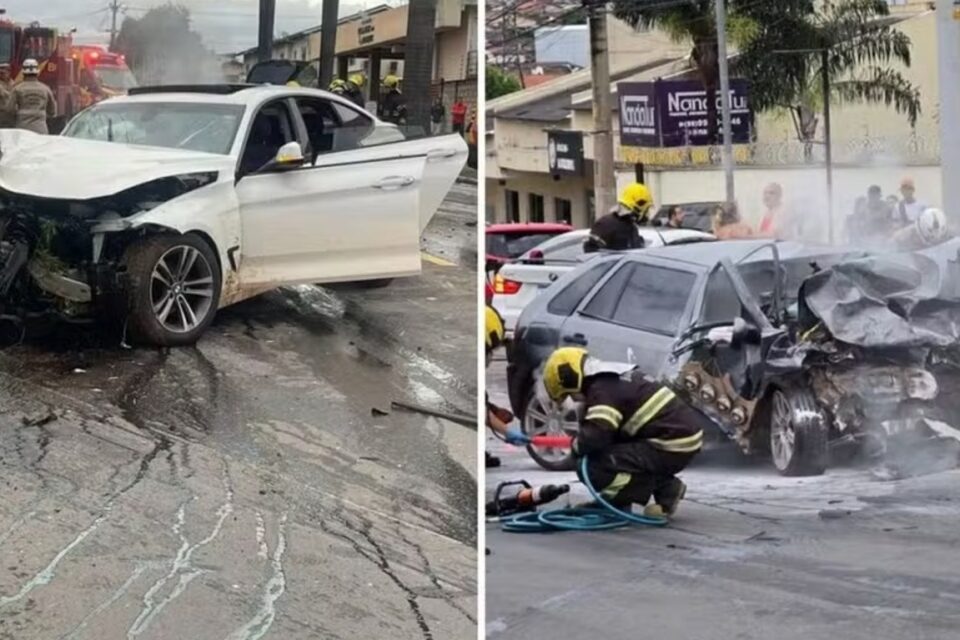 Duas imagens mostram os veiculos danificados após um acidente, em uma das fotos está o carro de luxo, uma BMW branca e do outro o carro da vítima que morreu 10 dias após o acidente