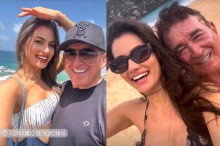 Amado Batista: namorada 51 anos mais jovem mostra viagem romântica Calita Franciele tem 23 anos; romance foi descoberto em Goiânia