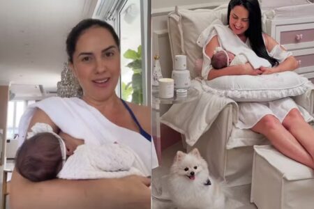 Graciele Lacerda se pronuncia após críticas por amamentar filha durante exercício físico Mulher de Zezé Di Camargo voltou à malhação