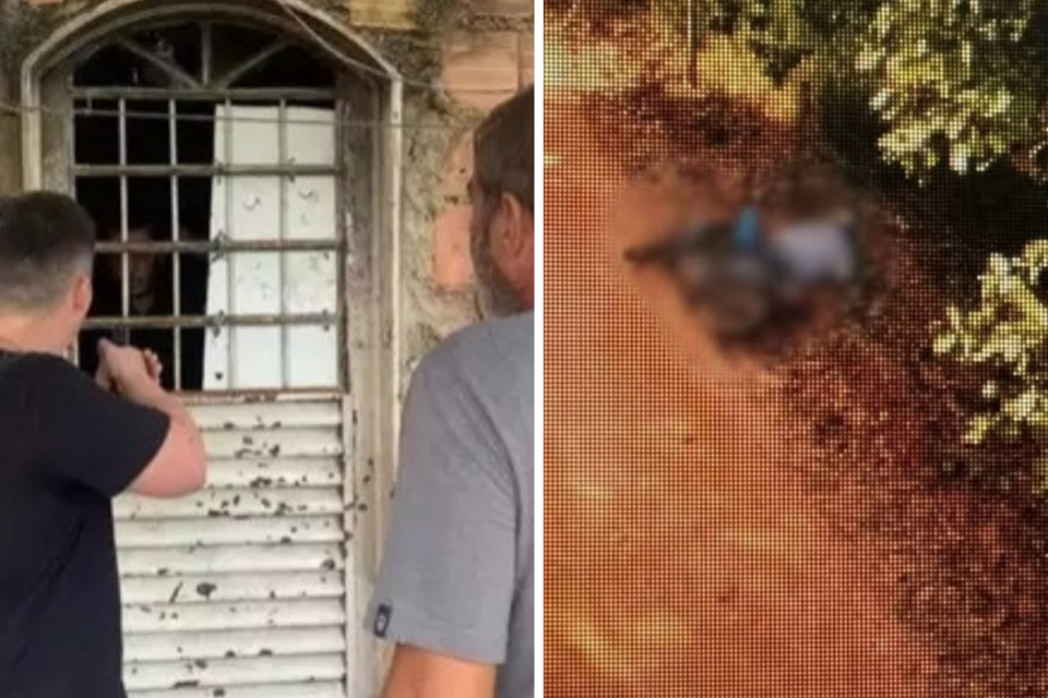 A imagem mostra policiais armados do lado de fora da casa de um suspeito de ser executor do fazendeiro, do lado a imagem borrada mostra a vítima no chão ao lado de uma moto