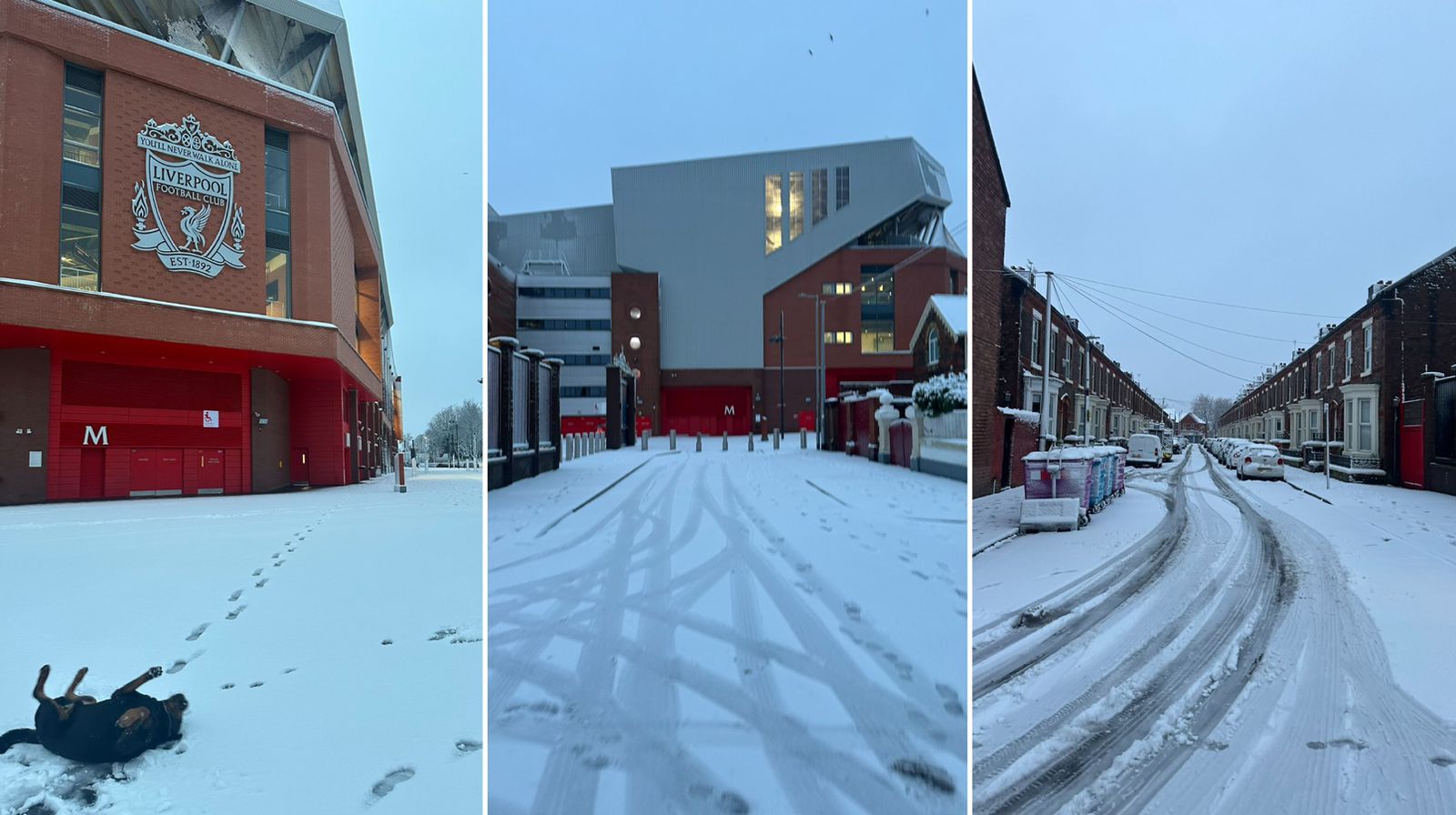 Neve na região do estádio Anfield. Foto: Reprodução/X