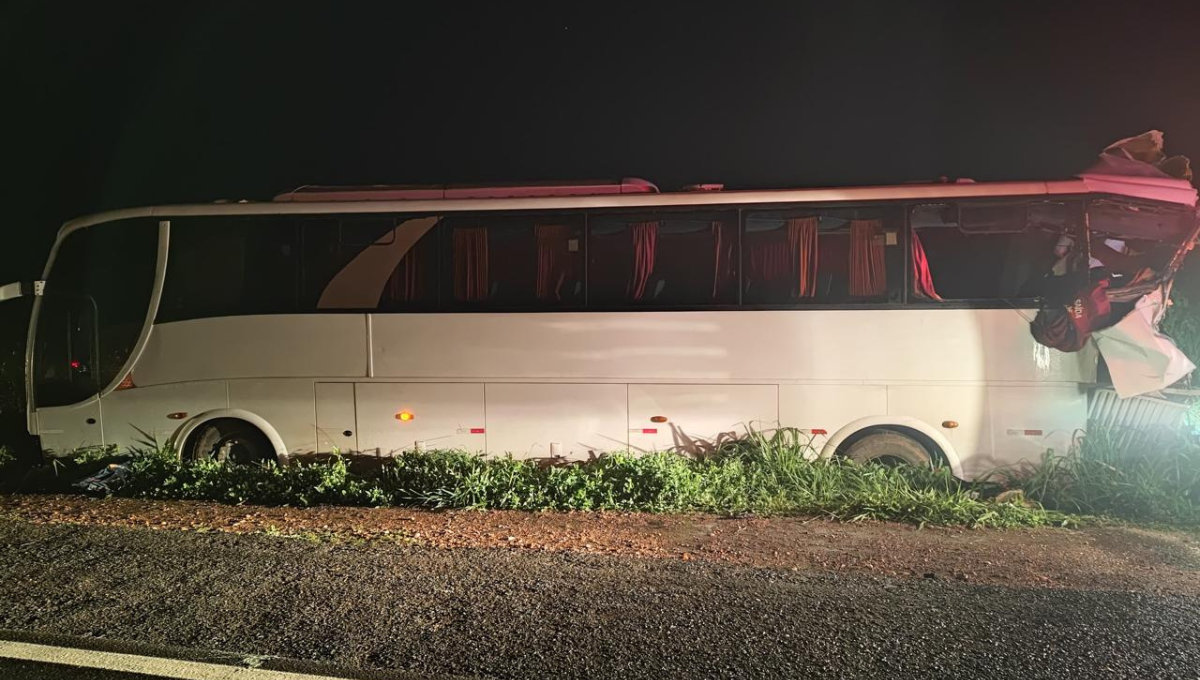 Imagem colorida mostra um ônibus branco parado no canteiro de uma rodovia após um acidente.