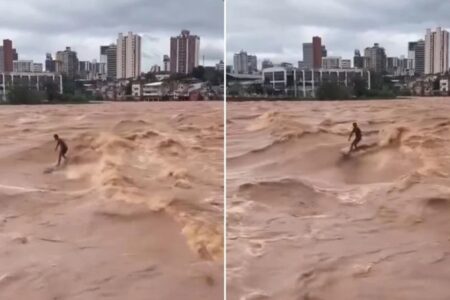 Homem é filmado surfando na cheia do Rio Doce, em Governador Valadares; vídeo “Temos toda uma preparação antes", explicou Paulo Guido