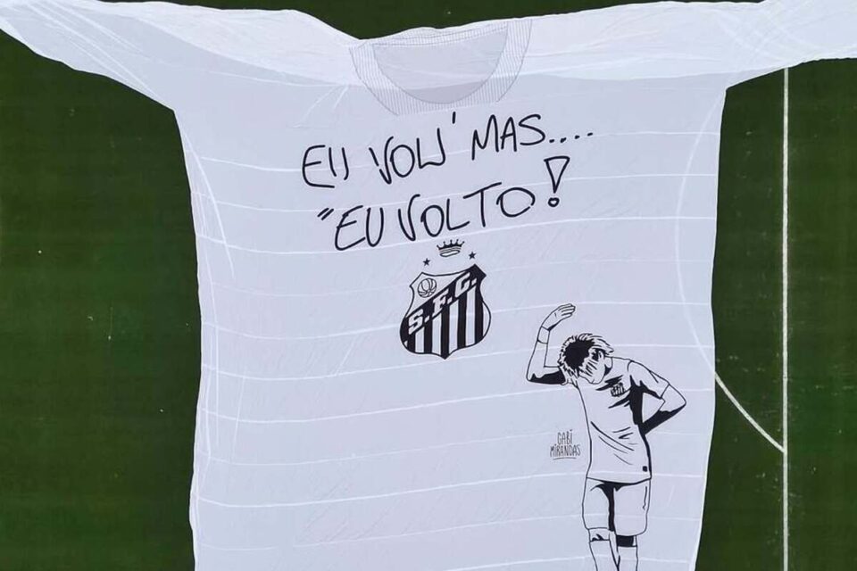 Camisa estendida na Vila Belmiro em alusão ao retorno de Neymar