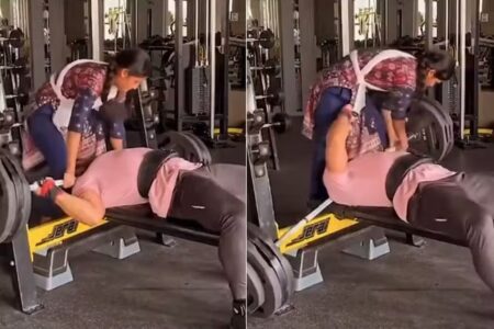 Fisiculturista fica preso sob barra de 165kg no pescoço; vídeo Indiano foi salvo pela esposa, que o acompanhava no treinamento
