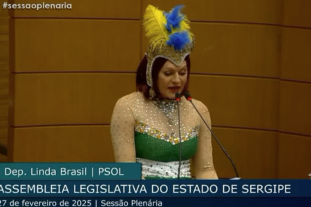 Deputada Linda Brasil, do PSol: fantasiada durante a sessão (Foto: Reprodução)