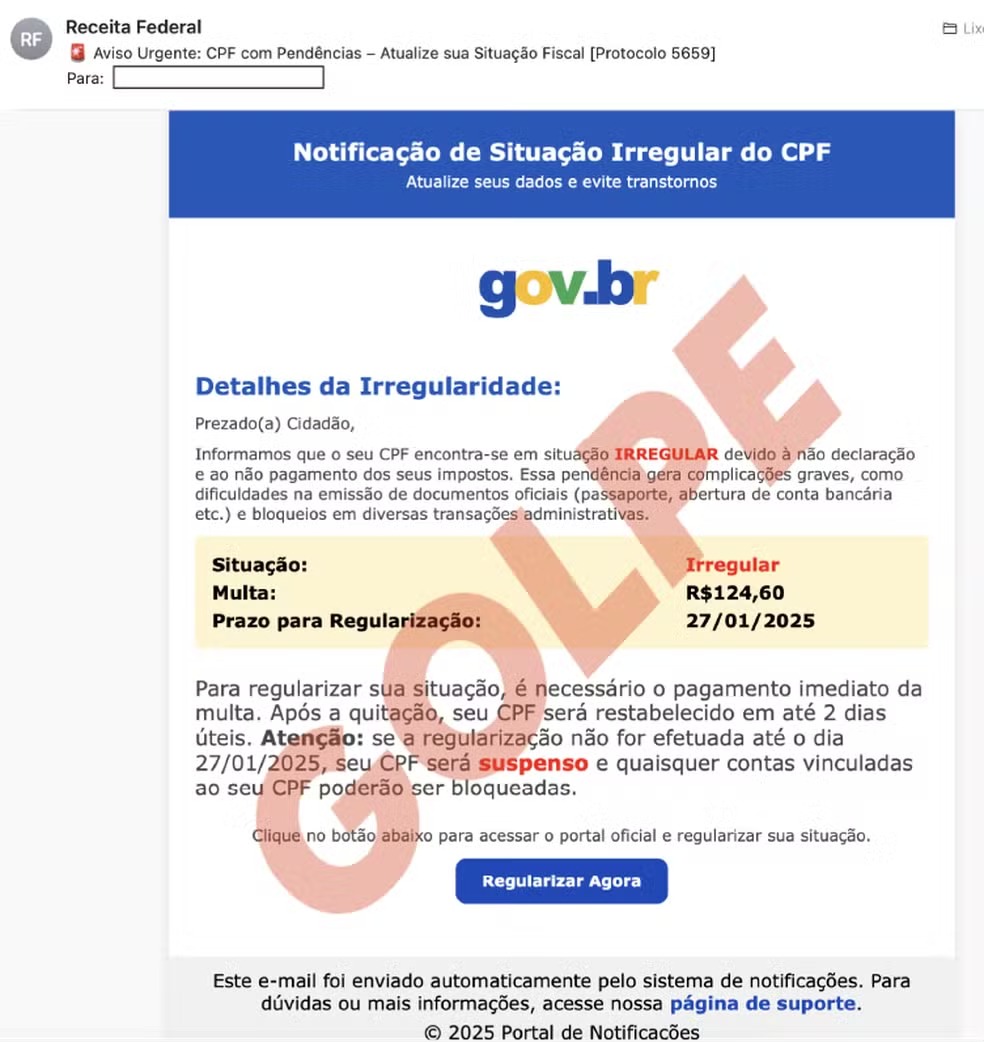 Receita Federal alerta sobre novo golpe do CPF Golpistas ameaçam possíveis vítimas com multa, problema no passaporte e bloqueio de contas