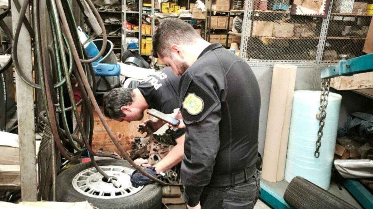 A imagem mostra policiais fazendo buscas em comércios de vendas de ferro-velho na capital