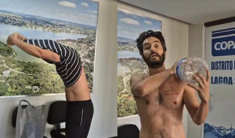 Homem tira a roupa e toma banho em agência durante protesto por falta de água de Lagoa Santa alegam estar sem água há uma semana; vídeo