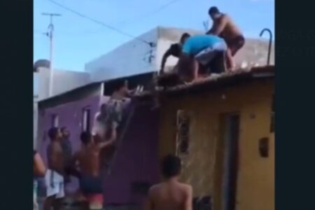 Vídeo de briga generalizada chama atenção na web: "quero o contato de quem fez o telhado" pessoas trocando socos e chutes em cima de casa