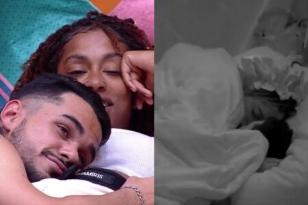 Cena com o goiano aconteceu após festa de Vitória Strada BBB 25: João Gabriel e Thamiris se beijam; casal foi para baixo do edredom