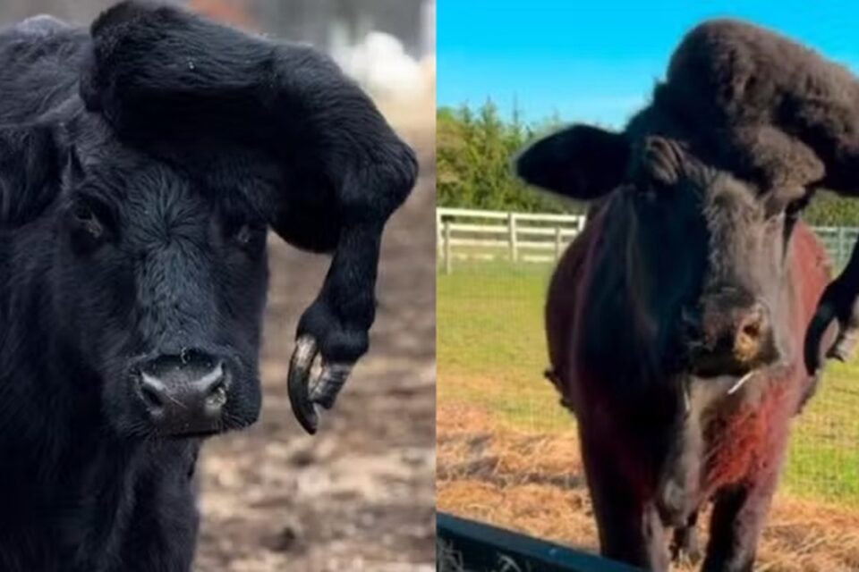 Vaca é salva do abatedouro após nascer com pata extra na cabeça Conhecida como polimelia, malformação congênita não é considerada rara