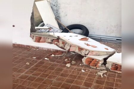Mulher derruba muro da própria casa ao tentar estacionar (Foto: Reprodução)