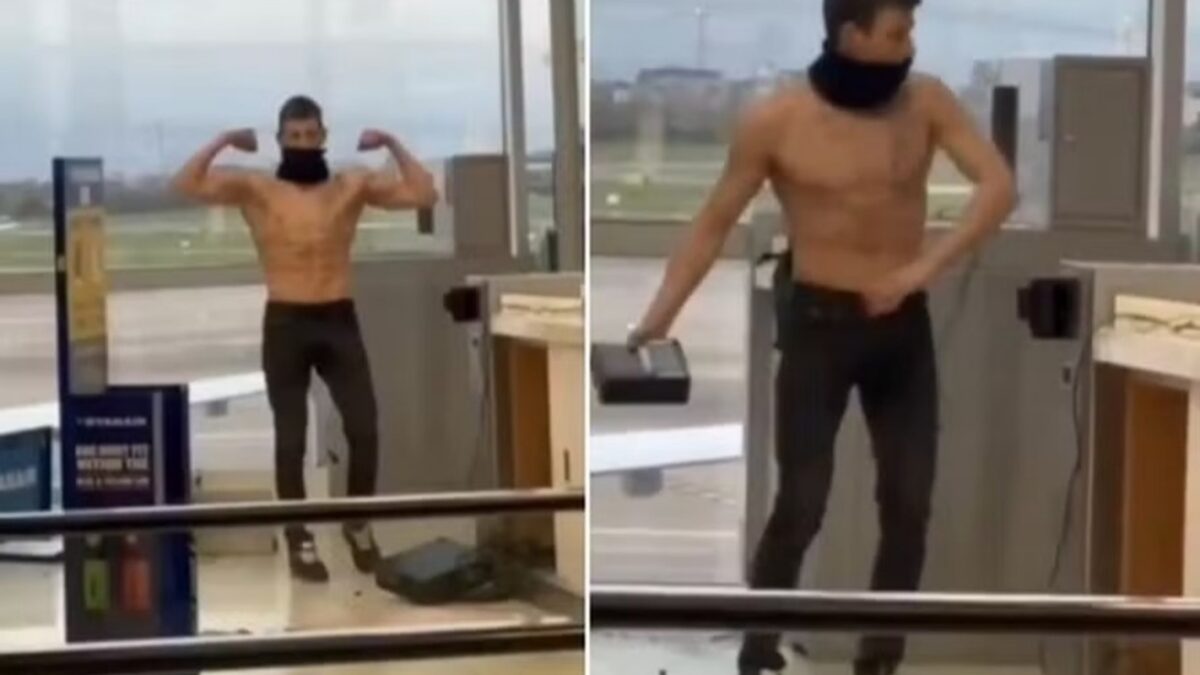 Passageiro sem camisa destrói aeroporto após perder voo na Irlanda; vídeo homem surtou e quebrou mobiliário e equipamentos