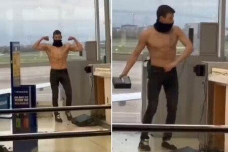 Passageiro sem camisa destrói aeroporto após perder voo na Irlanda; vídeo homem surtou e quebrou mobiliário e equipamentos
