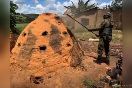Policiais destruindo os fornos de produção de carvão vegetal (Foto: Reprodução)