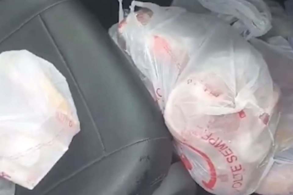 Imagem colorida mostra diversas sacolas de plástico com compras dentro de um carro.