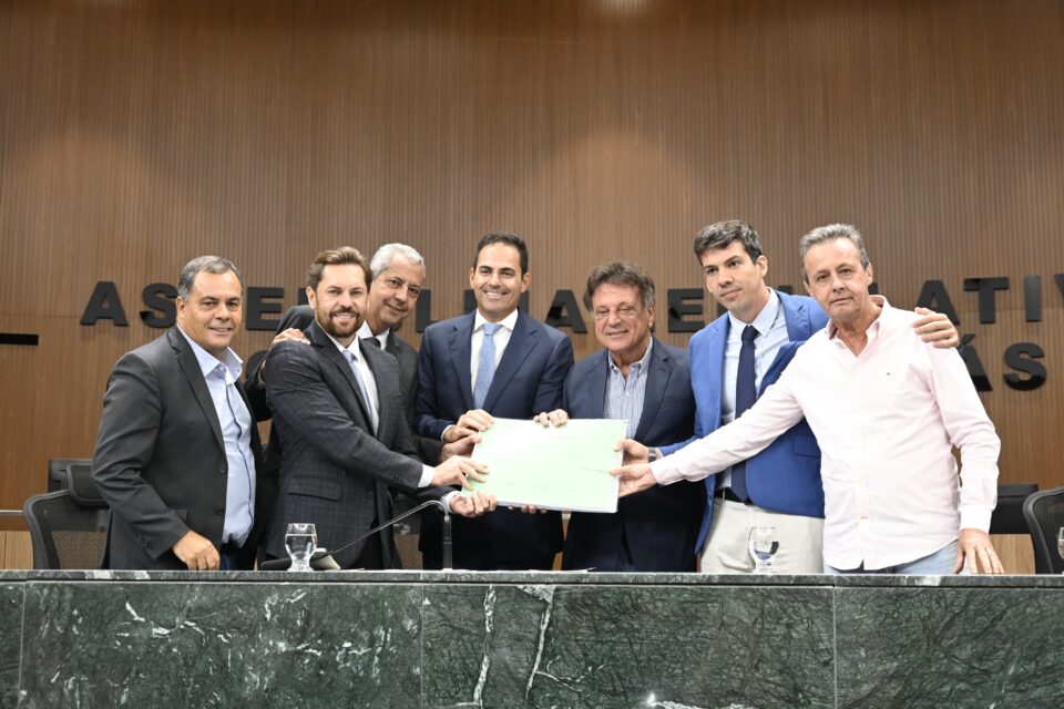 Deputados fazem entrega simbólica de projeto da duplicação da GO-330 a Pedro Sales, presidente da Goinfra (Foto: Silvano Vital/Goinfra)