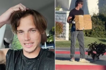 Pedinte viraliza por causa da aparência, mas rejeita dica para virar modelo Brad Love preferir exibir mensagens em papelão pedindo dinheiro