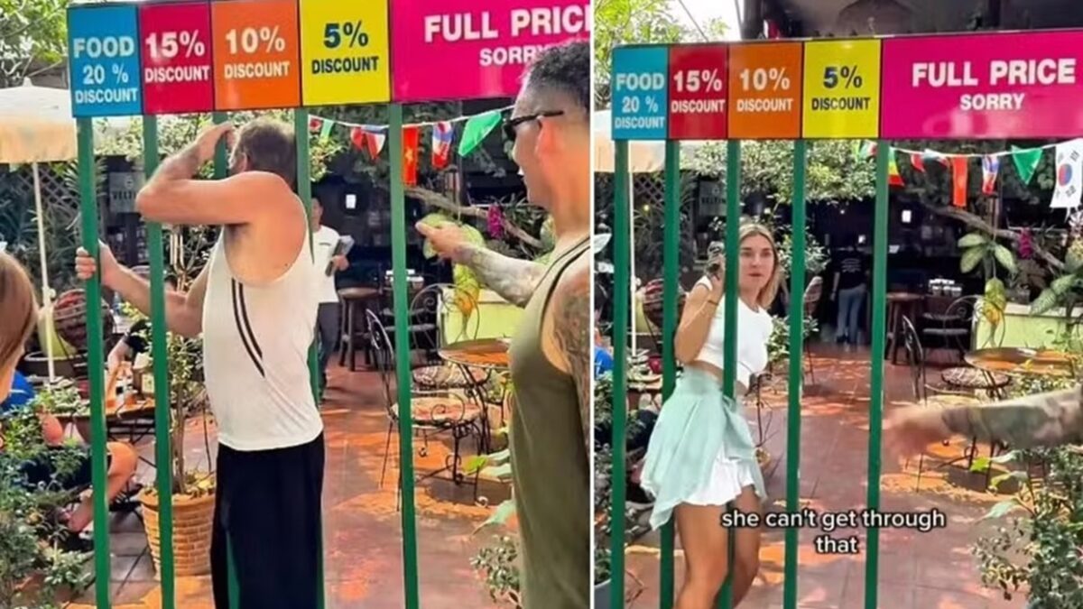 Restaurante cria polêmica ao dar desconto para clientes mais magros Pessoas precisam passar entre barras para obter redução no valor da conta