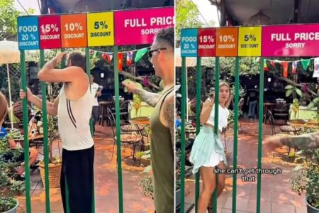 Restaurante cria polêmica ao dar desconto para clientes mais magros Pessoas precisam passar entre barras para obter redução no valor da conta