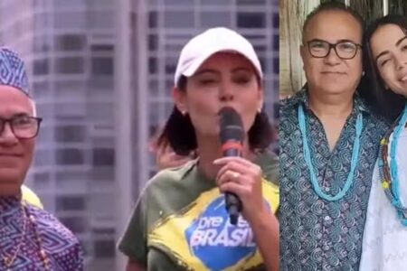 Pai de santo de Anitta, Sérgio Pina vai a ato pró-anistia e posa com Michelle Bolsonaro Religioso atuou em clipe com a cantora