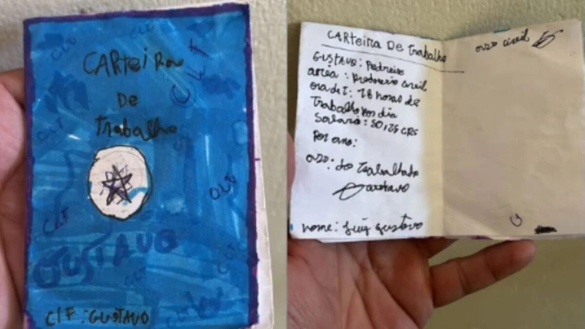 Objeto feito por colegas constava salário de 50 reais Racismo em escola particular: menino ganha carteira de trabalho com cargo de pedreiro