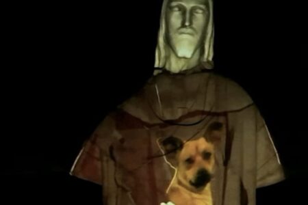 Cristo Redentor abraça vira-lata caramelo para promover adoção de animais; vídeo Dia Mundial dos Animais de Rua cachorro