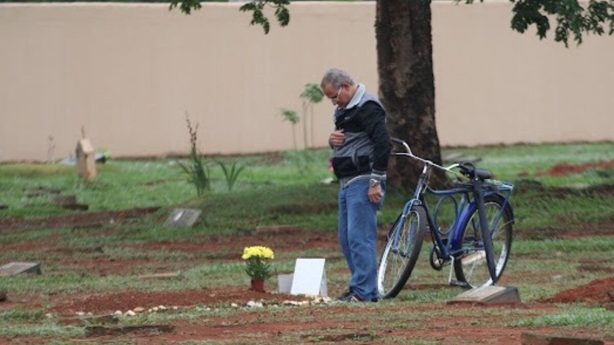 A imagem é ilustrativa e mostra um homem em frente a um túmulo