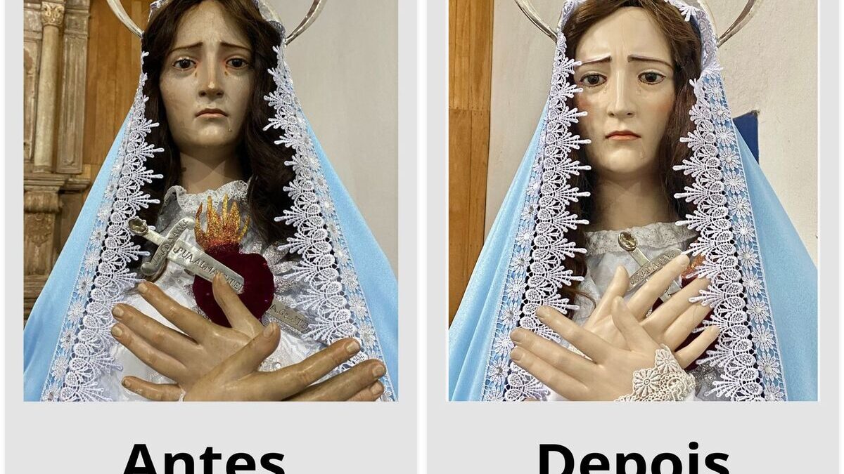 Antes e depois da imagem de Nossa Senhora das Dores (Foto: Reprodução)