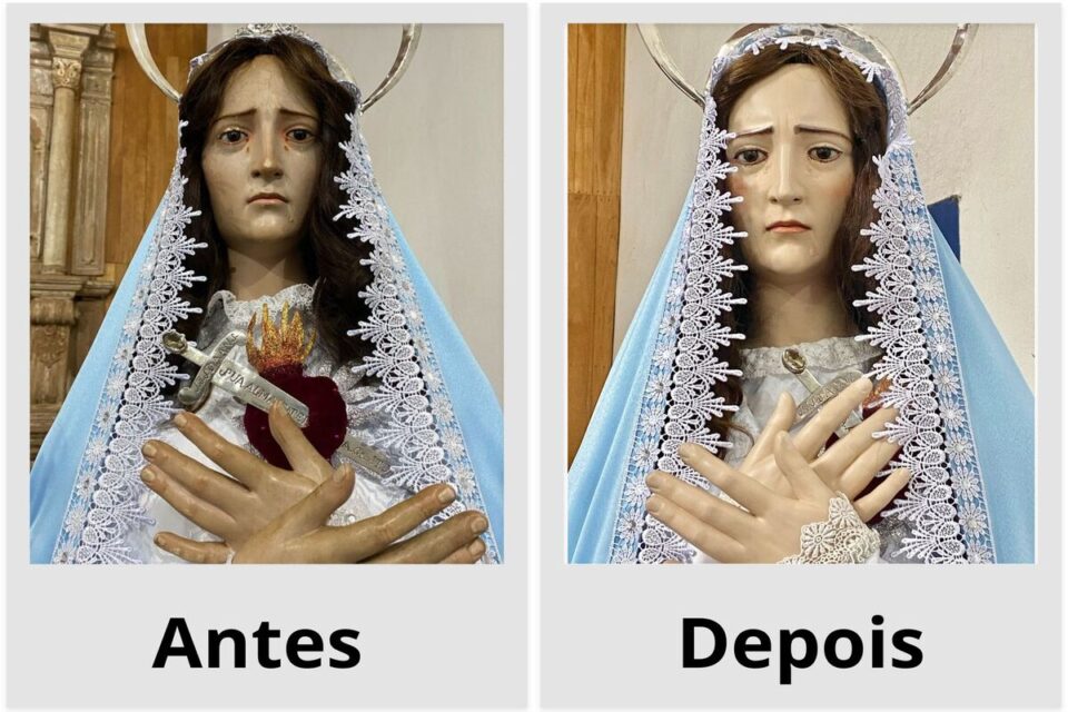 Antes e depois da imagem de Nossa Senhora das Dores (Foto: Reprodução)