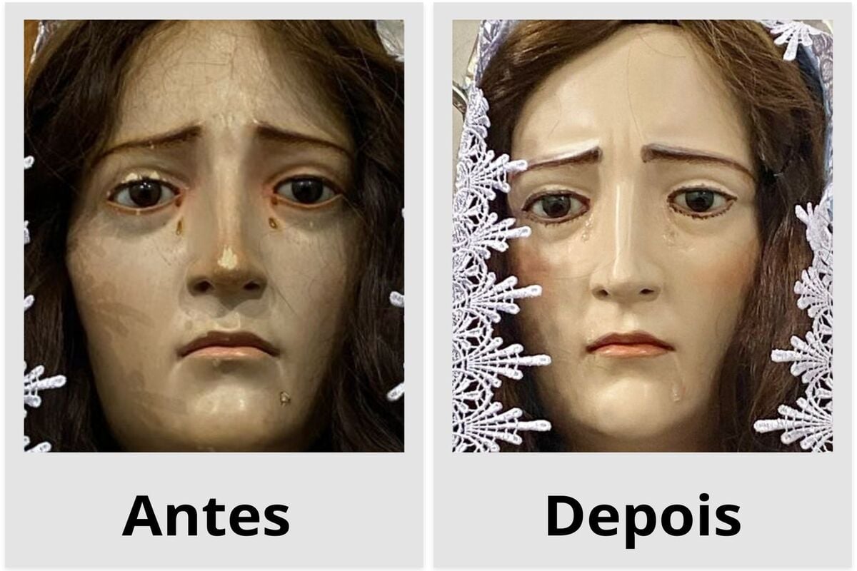 Antes e depois da imagem de Nossa Senhora das Dores (Foto: Reprodução)