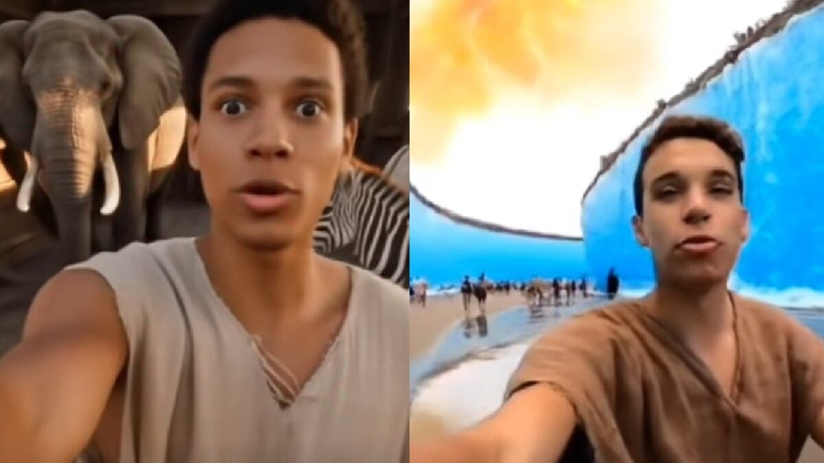 Internauta usa IA para simular histórias da Bíblia nos dias atuais; vídeo jovem com o celular na mão atravessando o Mar Mermelho